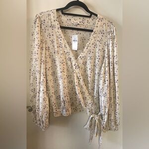 American Eagle Floral Wrap Blouse - Cream and Purple